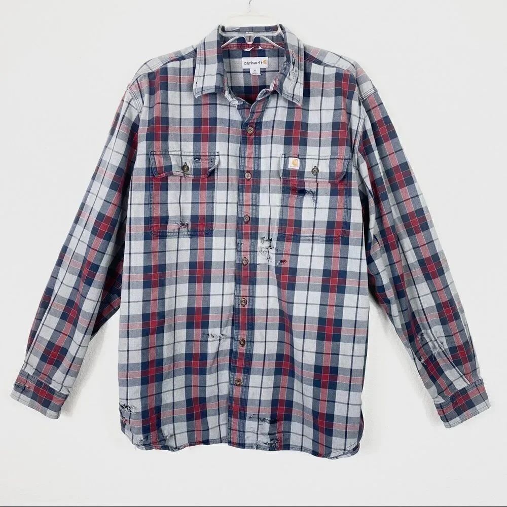 Carhartt Distressed Grey & Red Plaid Long Sleeve Button Up Shirt